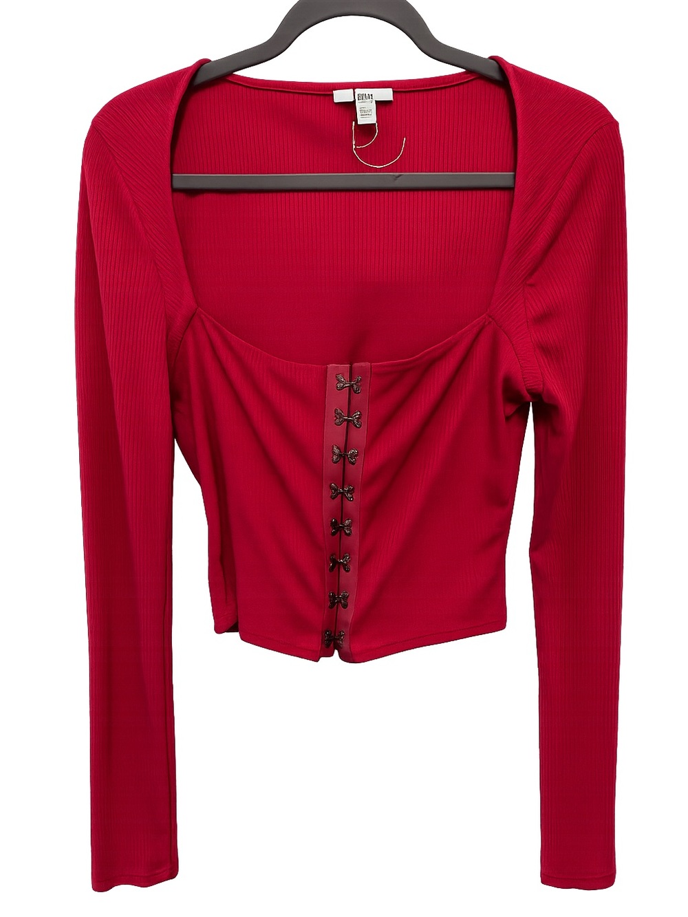 Bar III Raspberry Long Sleeve Hook-Front Ribbed Crop Top M - Picture 2 of 5